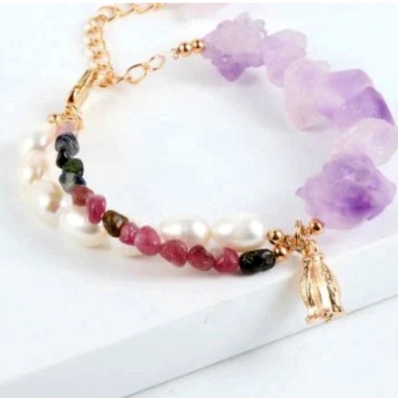 Amethyst & Freshwater Pearl Bracelet – Multicolored Tourmaline Charm Bracelet - Picture 1 of 4
